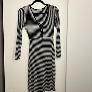 Adara blue and white horizontal striped tight fitting above the knee dress